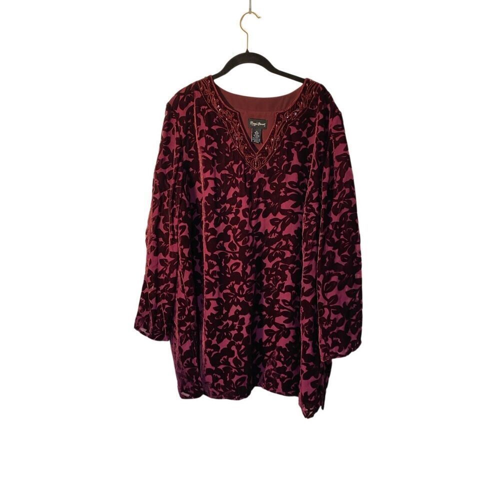 Maggie Barnes, plus size velvet burnout, burgundy tunic top oversized 1X